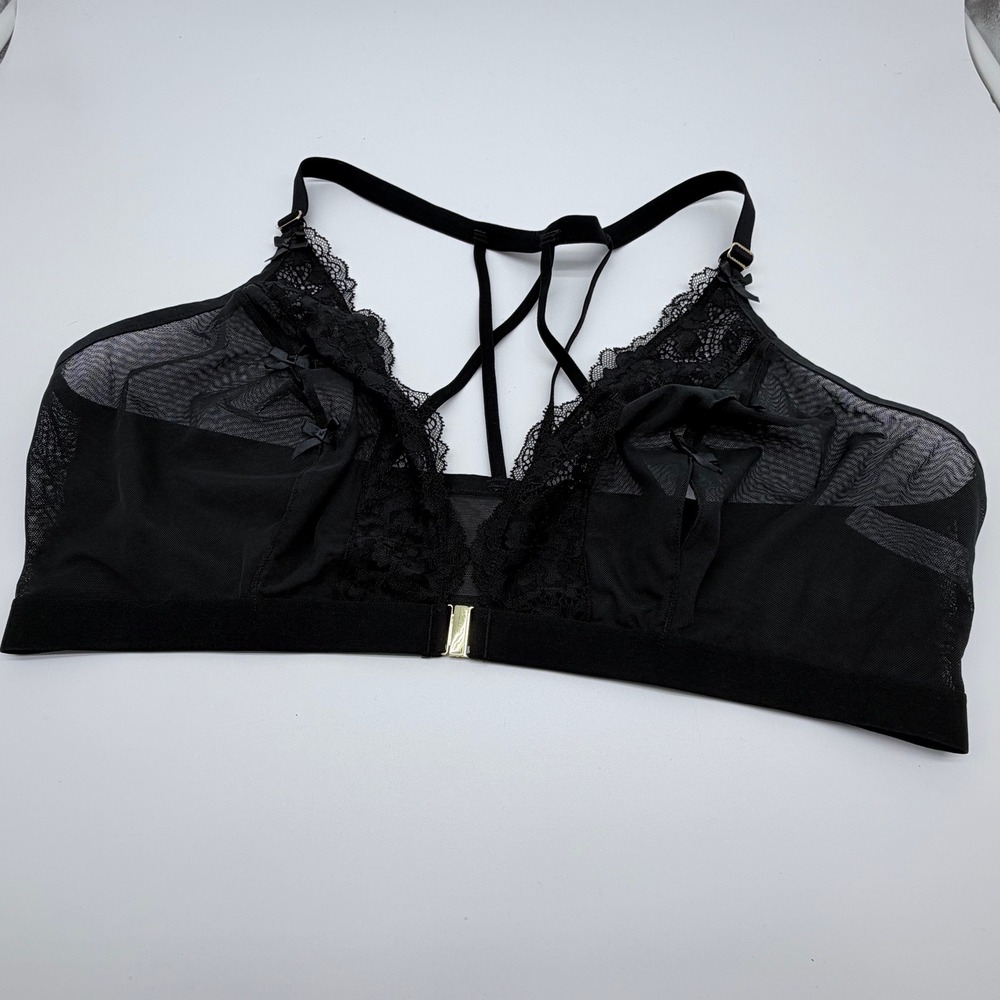 Cacique Black Lace Mesh Strappy Cage Back Bralette 44D Front Clasp Bows Sexy - Picture 6 of 7